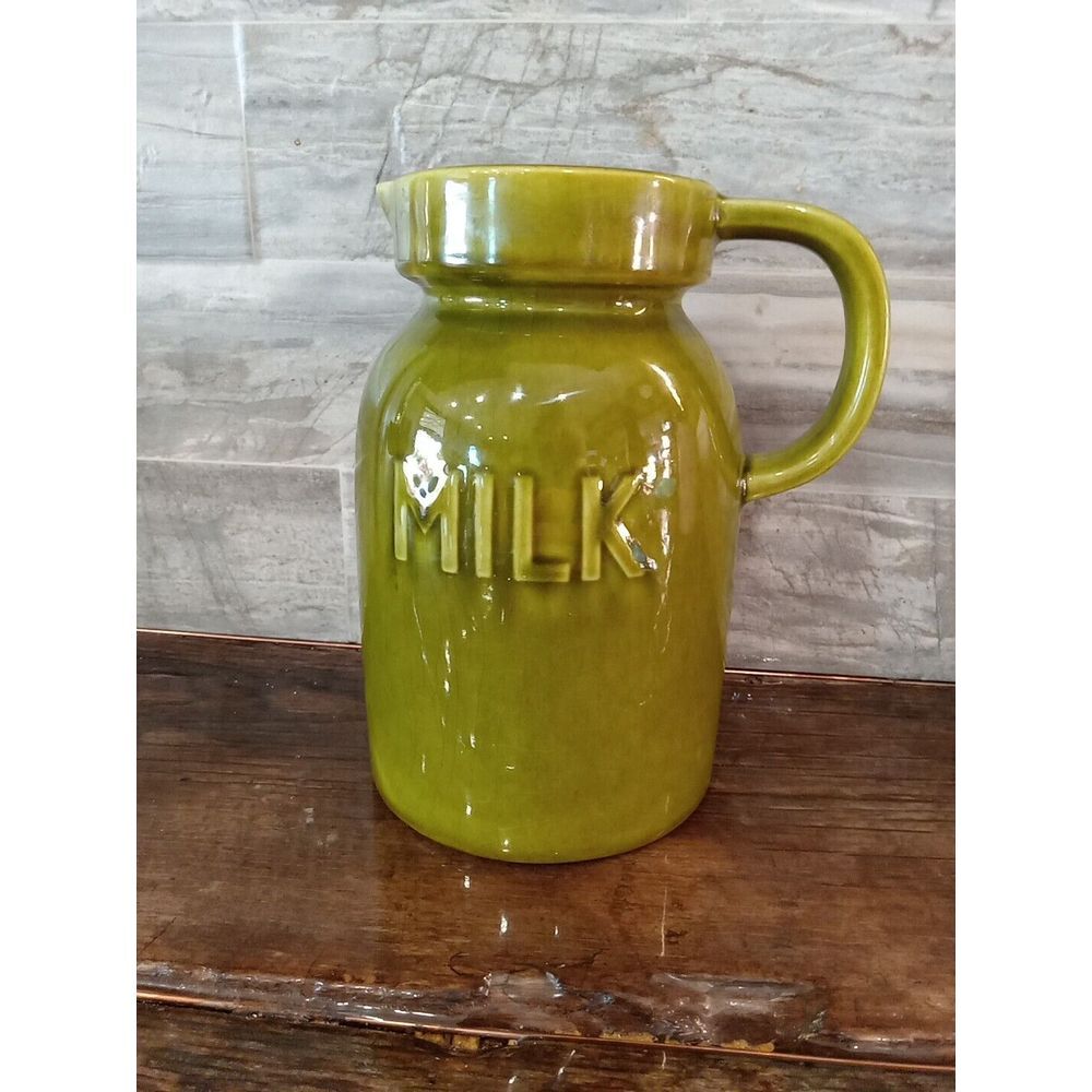 VTG Milk Jug Vase Spout Serving Jug 1969 Green Olive Los Angeles Potteries DECO